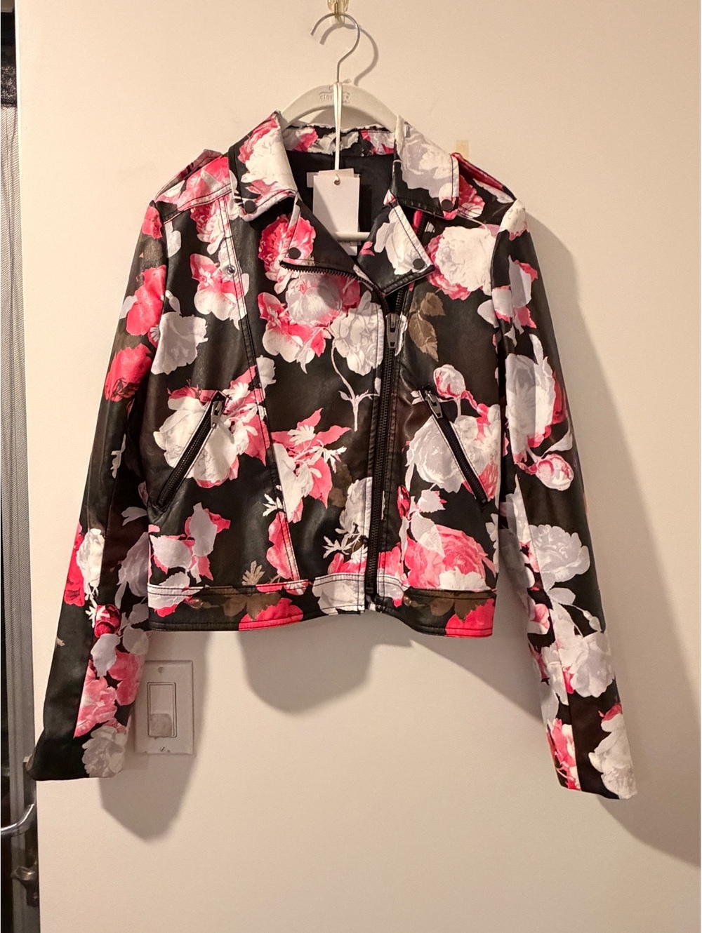 Scripted Floral Moto Faux Leather Moto Jacket Sz. S